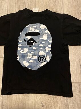 Bape Black Tee with Blue & White Camo Ape Head Worn twice comes with bag and tag